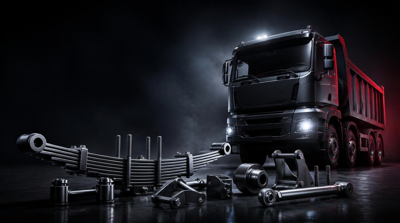 Heavy commercial truck surrounded by leaf springs and suspension spare parts